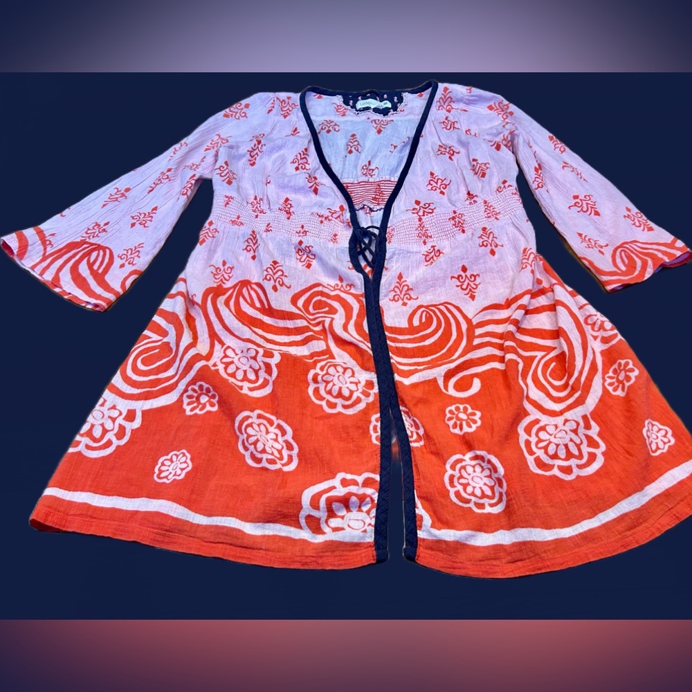 Anthropologie Lilka Cotton Swim Cover-Up in Orange & Pink w/ Navy Trim & Tie, S